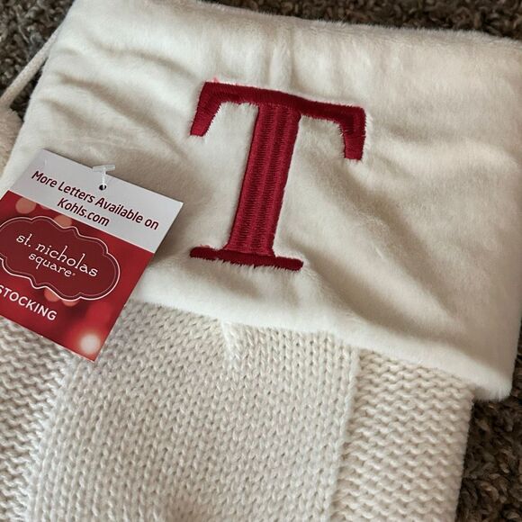 Winter White Knit Christmas Stocking 21” Monogram Initial T | w Plush Cuff NEW - Picture 3 of 5
